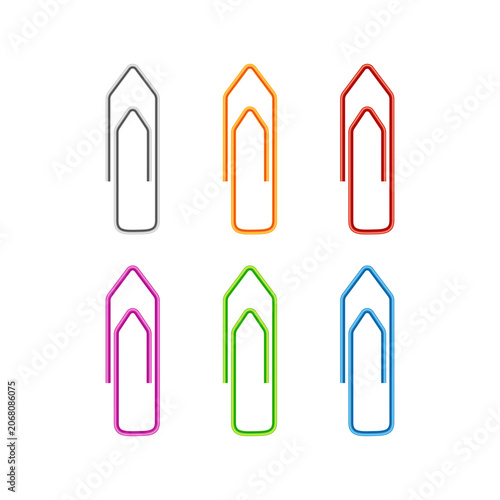 Set of six colorful metal paper clips in silver, orange, red, pink, green, and blue arranged in two rows isolated on a transparent background