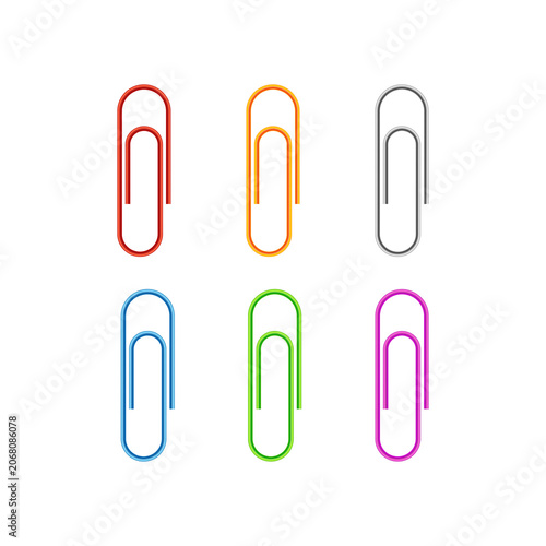 Set of six colorful metal paper clips in red, orange, silver, blue, green, and purple arranged in two rows isolated on a transparent background