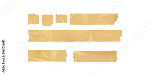 Set of various lengths of beige adhesive masking tape strips with wrinkled texture and jagged edges, isolated on a transparent background