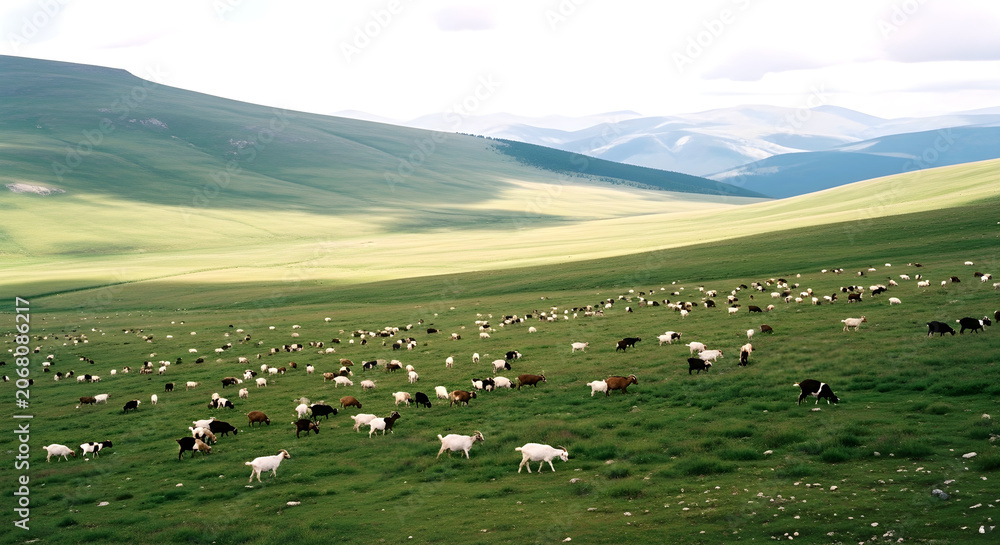 Obraz premium Goats grazing highland meadow captured in high definition for professional use in digital media