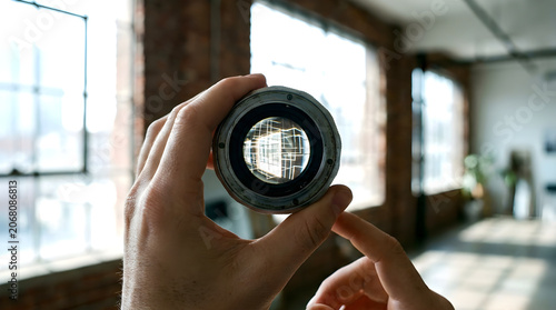 Close-up of a Person Holding a Professional Camera Lens in a Bright Industrial Studio Space