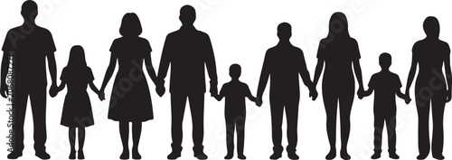 Silhouette of a large family holding hands, standing in a row, representing unity, togetherness, and support