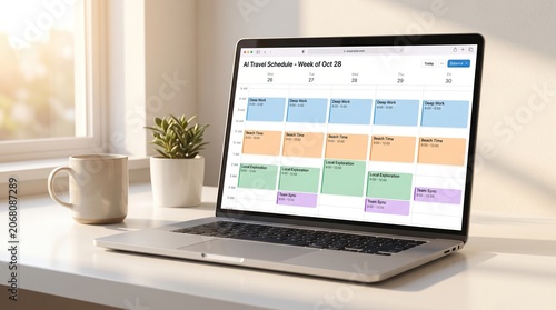 Laptop screen displaying AI-generated work schedule with color-coded time blocks for deep work, beach time, local exploration and team sync