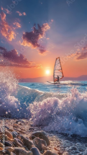 Aerial sunset drone shot of a windsurfer slicing through ocean waves with vibrant clouds and sun setting over the horizon in a coastal landscape