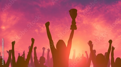 Silhouette of cheering crowd celebrating winner holding trophy at sunset