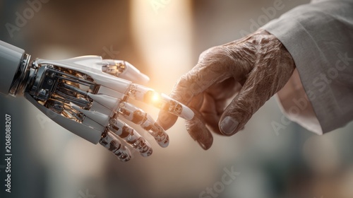 Elderly person reaching out to touch a robotic hand, showcasing the connection between human and advanced technology in a futuristic setting