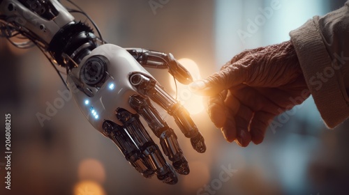 Elderly person interacting with advanced robotic hand, showcasing neural interface technology in a futuristic setting with soft lighting and blurred background elements