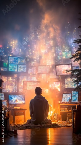 Individual seated in a dark room surrounded by multiple glowing monitors displaying data and graphics, with a warm light illuminating the space and creating a tech-focused atmosphere