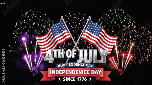 Vibrant Independence Day Fireworks Display with Patriotic American Flags Animation Overlay on Black Background