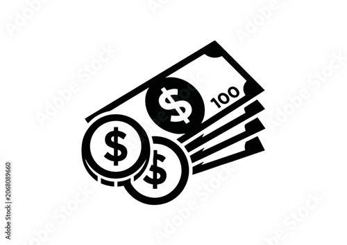 Black Money Dollar Icon with Banknote and Coins Isolated on White Background, Minimal Vector Symbol for Finance, Banking and Business Design