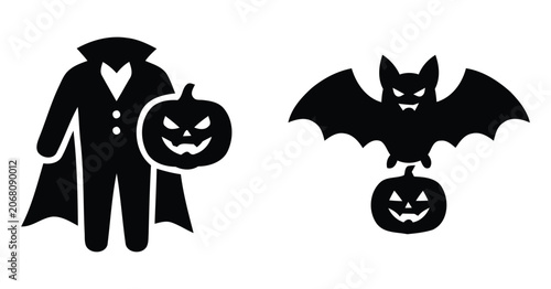 Photography Minimalist Halloween Costumes and Jack O Lantern Icons Set Flat Spooky Carved Pu