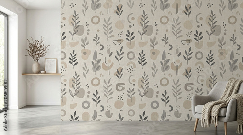 A cozy room with a chair and a patterned wallpaper in shades of beige and gray with a shelf and a vase on it