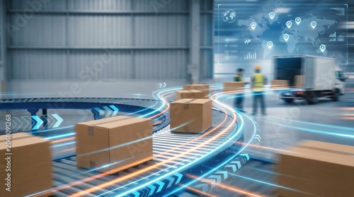 Cardboard boxes on automated conveyor belt in smart warehouse with digital logistics hologram concept.