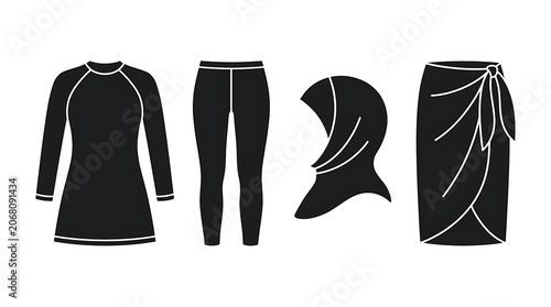 Modest swimwear set with burkini, leggings, hijab, and sarong wrap skirt silhouette icons.