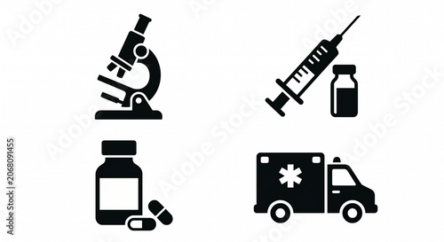 Medical and healthcare silhouette icon set featuring microscope, syringe, medicine bottle, and ambulance.