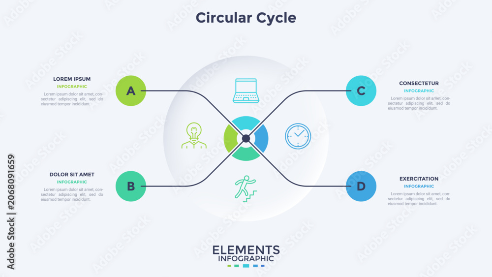 Obraz premium Vector illustration, Circular cycle infographic template with four steps. Modern business diagram for presentation slide. Vector chart for workflow, strategy, marketing data and timeline visualization