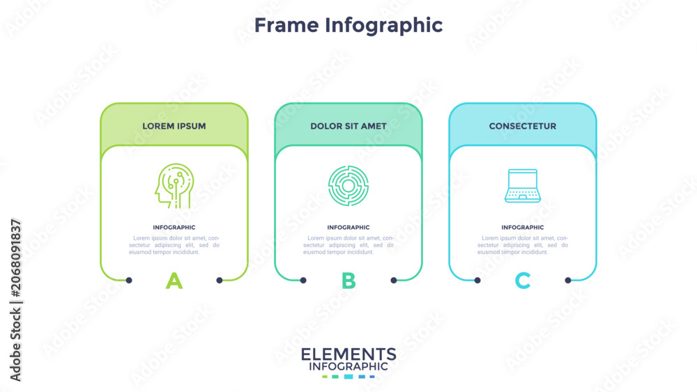 Fototapeta premium Modern infographic template with three rounded rectangular frames. Vector illustration of a flow chart for business presentation. Step by step process diagram design for data organization.