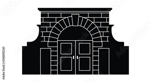 Fotografie Stone archway with double doors black and white silhouette