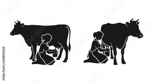 Cuadro en lienzo Cow and milkmaid silhouettes rural farming scene silhouette