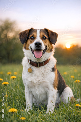 A contented brown and white dog with tongue out.