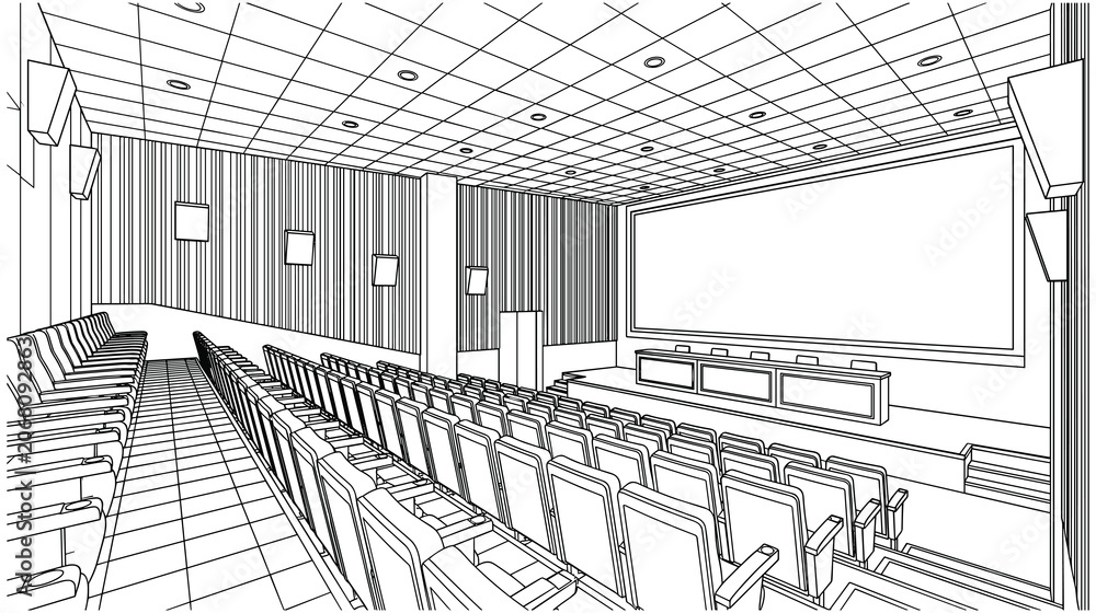 Fototapeta premium Empty interior of lecture hall with rows of arm chairs.