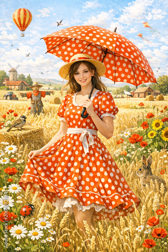 Artistic illustration featuring a smiling woman in a polka dot dress holding an umbrella in a whimsical setting.