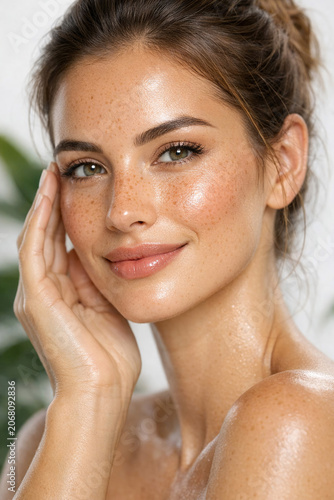 A woman with a radiant complexion and rosy cheeks, smiling gently as she touches her face.