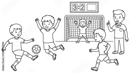 Canvas Print Children playing soccer game on field with referee judge.