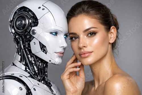 A woman posing with a humanoid robot, both looking contemplative and close together.