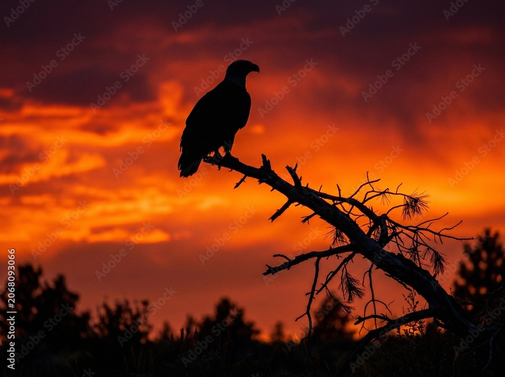 Fototapeta premium Silhouette of a bald eagle perched on a bare branch against a dramatic orange sunset sky