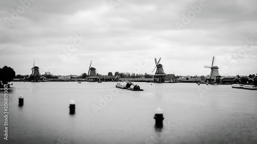 Panoramic view of windmills in Zaanse Schans, traditional village in the Netherlands.