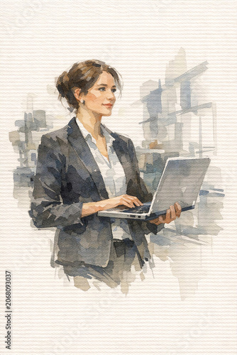 A woman wearing a business suit is working on her laptop while standing at a counter.