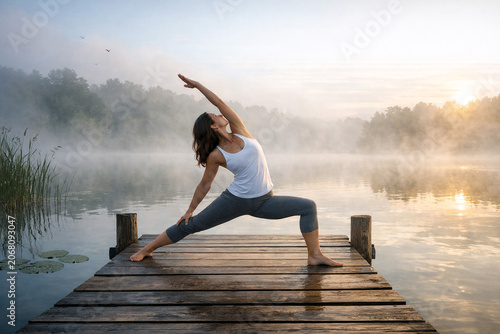 A woman practicing yoga on a dock overlooking a serene lake during sunset.