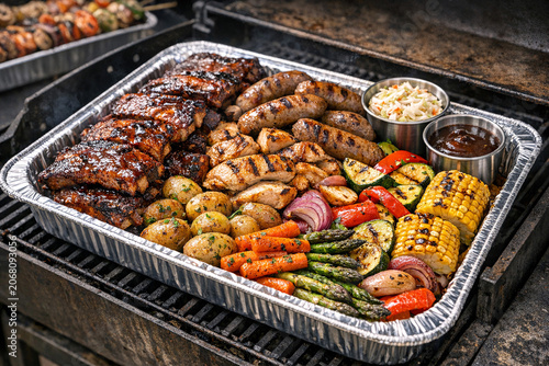 A variety of meats and vegetables sizzling away on a grill.