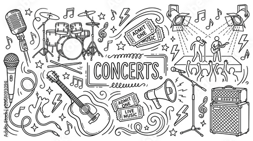 Photography Music concert doodle set with instruments and equipment.