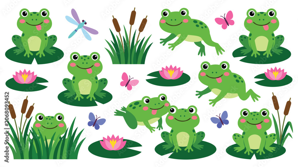 Fototapeta premium Funny green frog characters in pond with lily pads set.
