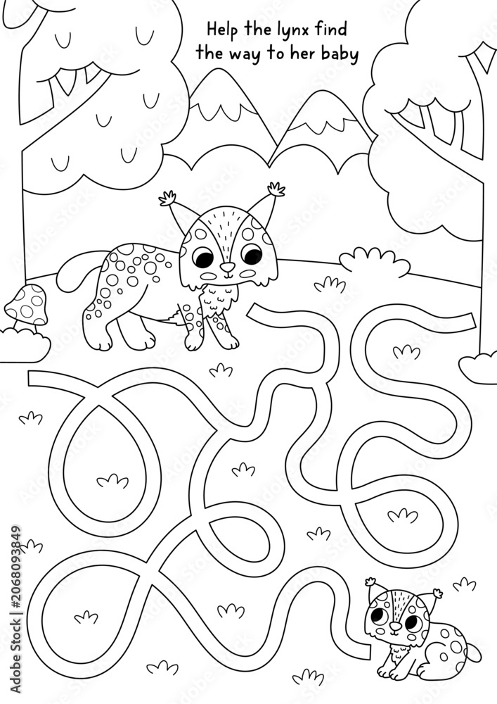 Fototapeta premium Forest animals black and white maze for children with nature scene, mother lynx searching baby. Line labyrinth game. Simple woodland printable activity, worksheet, coloring page with trees