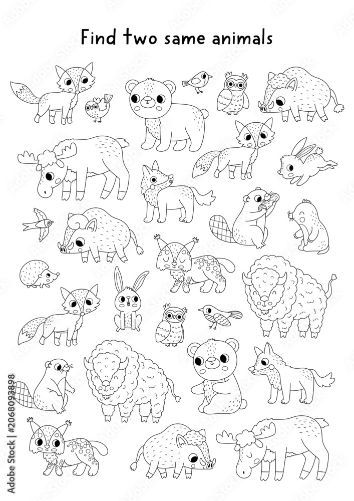 Fototapeta premium Find two same forest animals. Black and white matching activity for children. Woodland educational line quiz worksheet for kids. Wildlife printable game, coloring page with fox, wolf, elk, bear, lynx