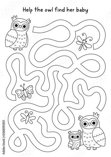 Forest animals black and white maze for children with mother owl, baby owlet. Line labyrinth game with wild birds. Woodland printable activity, coloring page, worksheet with parent, kid, butterfly