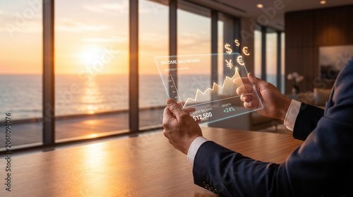 Businessman's hands presenting glowing holographic freelance income dashboard with earnings charts and currency symbols in luxury seaside office