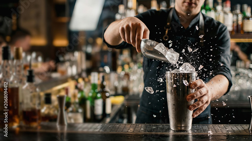Bartender pours ice into cocktail shaker at busy bar counter with bottles and glasses in background during service time.