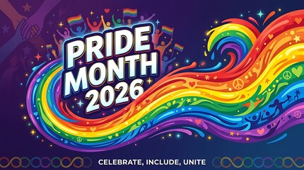 Pride Month 2026 is celebrated with vibrant rainbow colors and diverse figures.