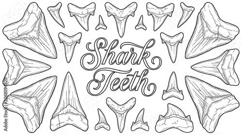 Set of shark teeth fossils in hand drawn ink illustration.