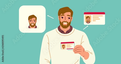Man showing his ID. Character hold personal document and undergo identity verification using facial recognition system. Cybersecurity and Safety. Flat graphic animated cartoon