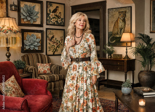 An eclectic living room with colorful armchairs, art on the walls, and a decorative console, illuminated by warm lighting while a blonde woman in her 60s stands at the center.