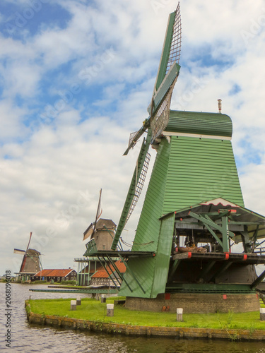 De Gekroonde Poelenburg Windmill (The Crowned Poelenburg). Traditional Dutch old wooden windmill in Zaanse Schans - museum village in Zaandam. The Netherlands.
