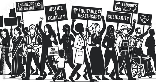 Silhouette of a protest march with signs black and white illustration