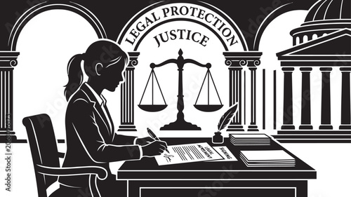 Silhouette of lawyer signing legal agreement with scales of justice backdrop