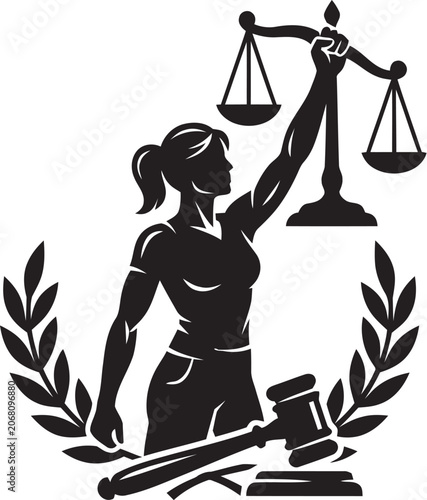 Lady Justice Silhouette With Scales And Gavel Black On White