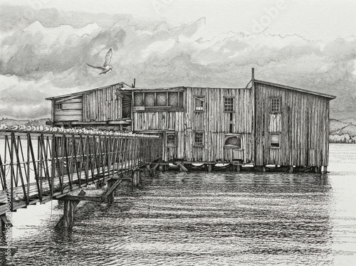 Line art illustration photo created using AI of a reference image I took of an abandoned building over the Columbia River